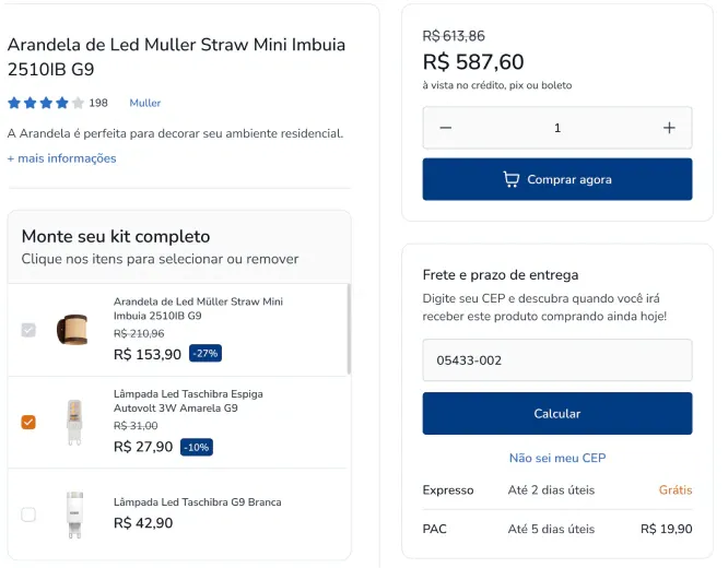 Versão A, kit e área de compra