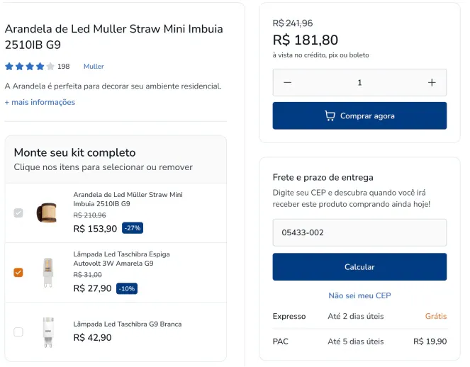 Versão B, kit e área de compra