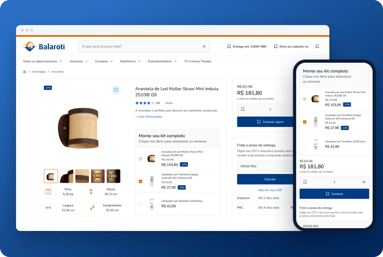 Página de produto da Balaroti com o componente Monte seu kit, em desktop e mobile