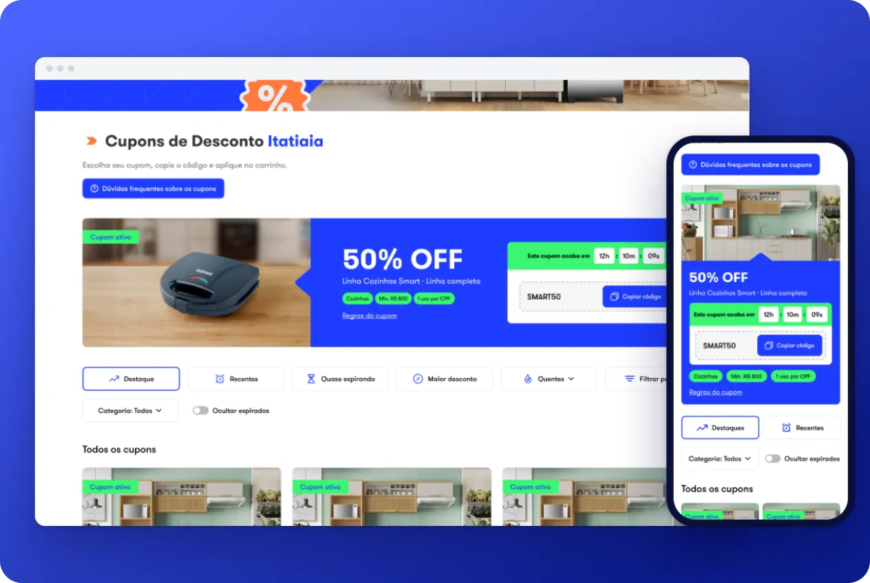 Página de cupons da Itatiaia com filtros e cards de desconto, em desktop e mobile