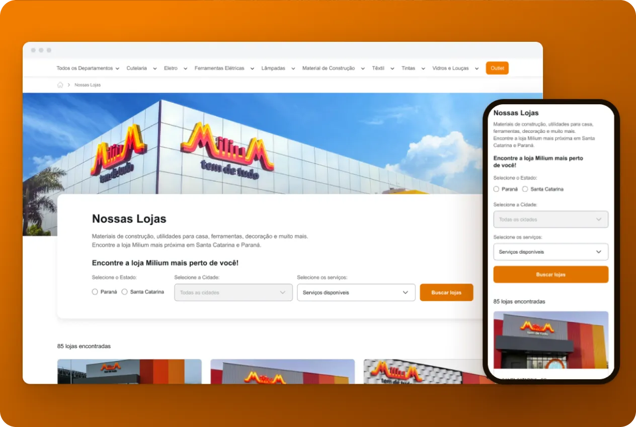 Página Nossas lojas da Milium, com filtro de estado, cidade e serviços, em desktop e mobile