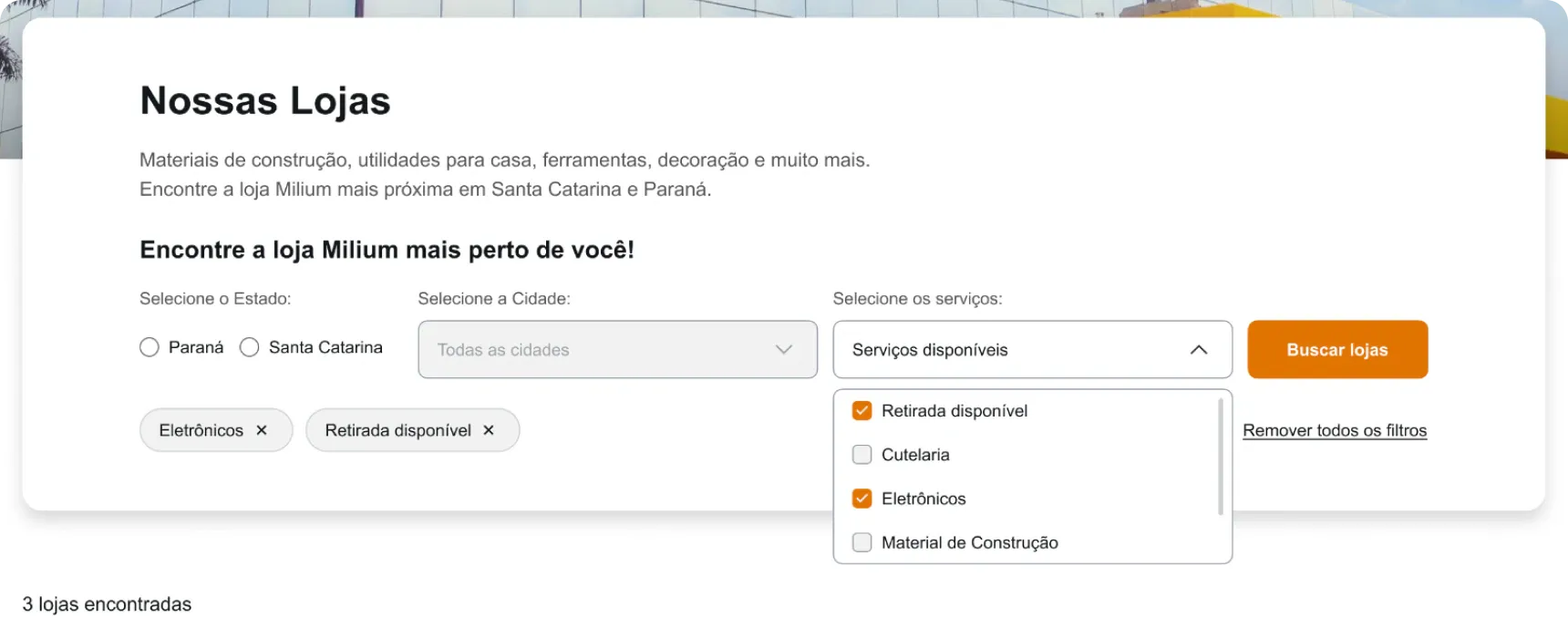 filtro, Serviços: Eletrônicos e Retirada disponível